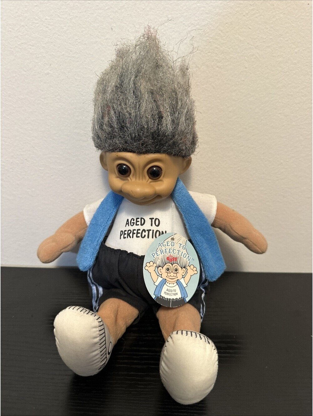 Vintage Russ Berrie grey hair aged to perfection soft bodied troll doll